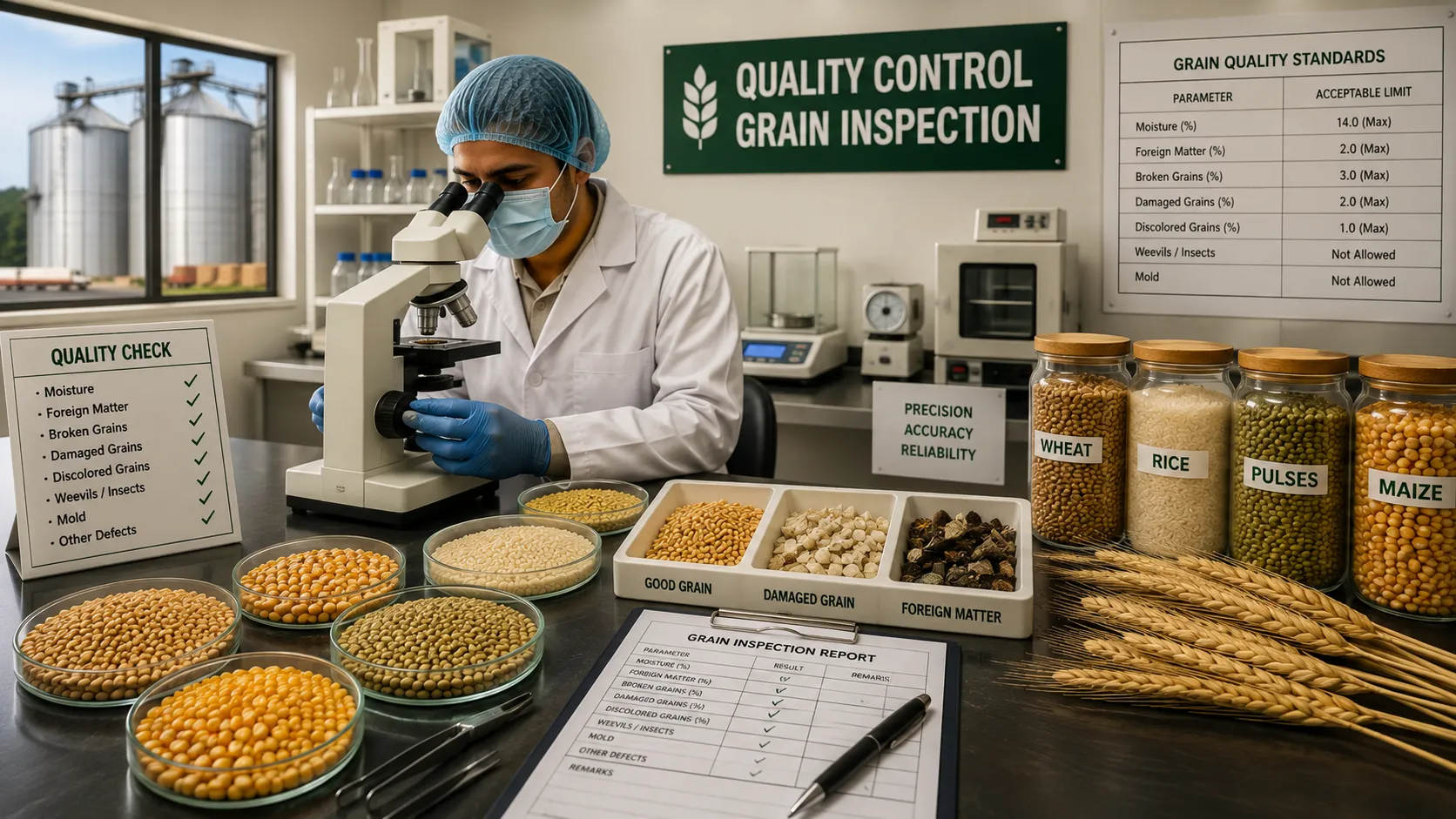 Quality control officer inspecting grain samples